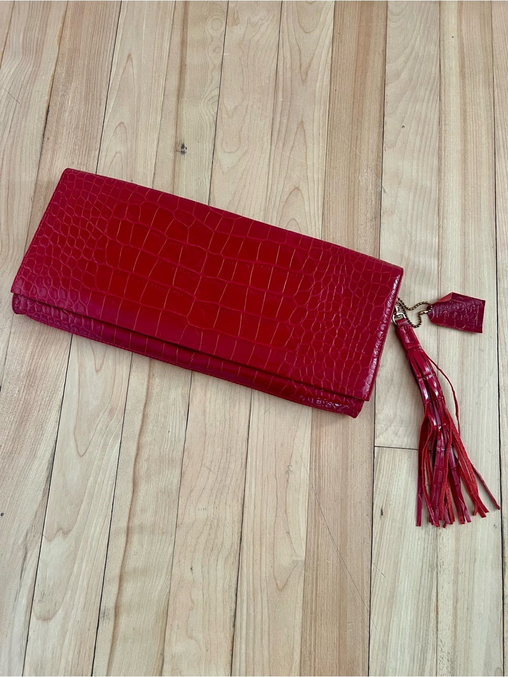 Croc-Embossed Red Foldover Clutch with Tassel